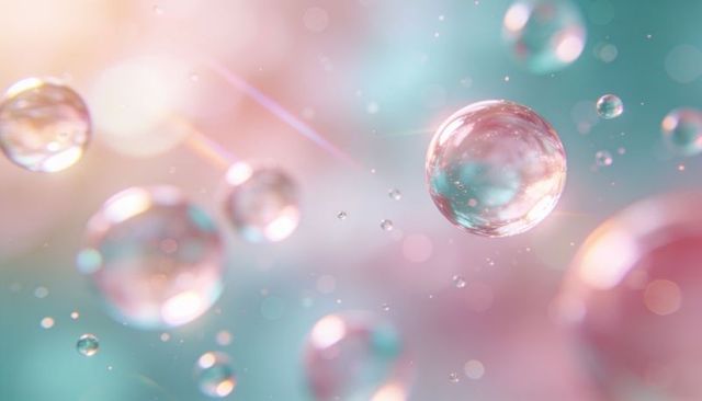 Floating iridescent glass bubbles reflecting mint and peach pastel bokeh macro close-up