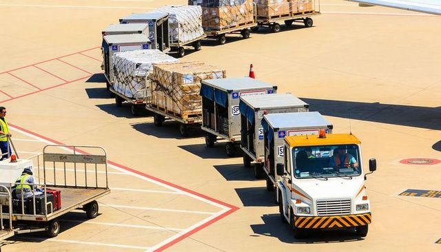 Towing baggage tractor pulling netted cargo dollies on sunlit airport apron with crew