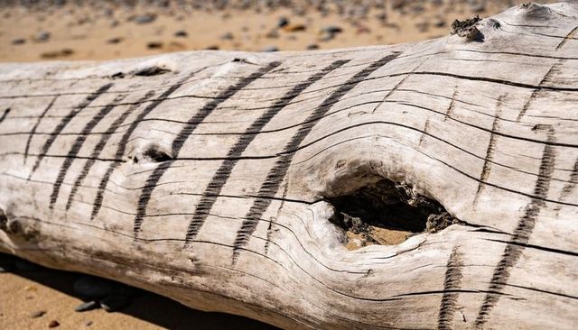 Weathered driftwood log casting striped shadows on sunlit sandy beach