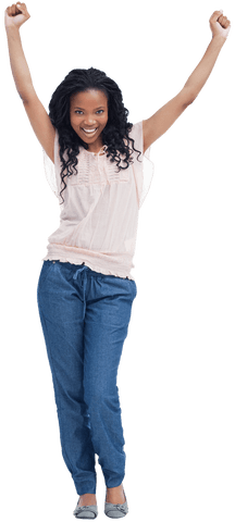 Excited young woman celebrating with hands raised transparent background