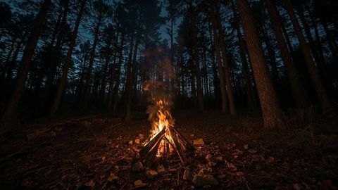 Cozy Campfire Illuminating Pine Forest at Dusk