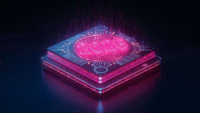 Neon glowing stacked microchip with 2020 hologram, futuristic circuitry and data platform