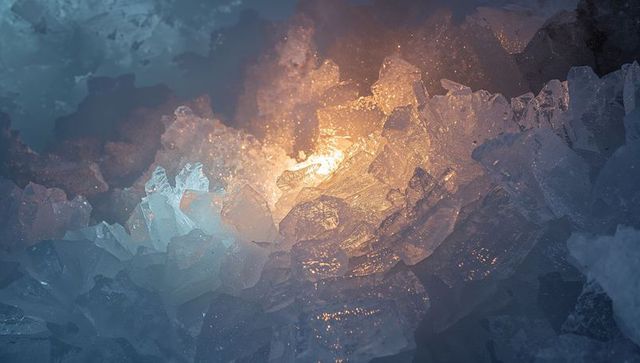 Amber glow filtering through translucent ice crystals in macro cavity, glittering frost particles