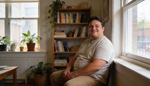Smiling man sitting by sunlit window in cozy home study with bookshelves and plants