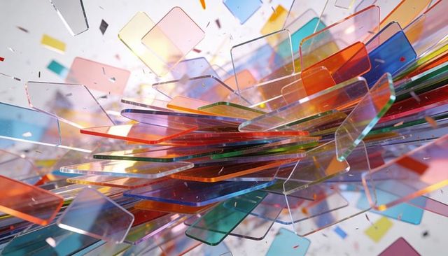 Radiating translucent panes stacking and fanning into vivid prism dispersion burst