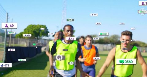 Soccer players sprinting on training field with social media engagement overlays