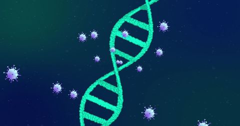 Dna strand and covid-19 virus particles graphics