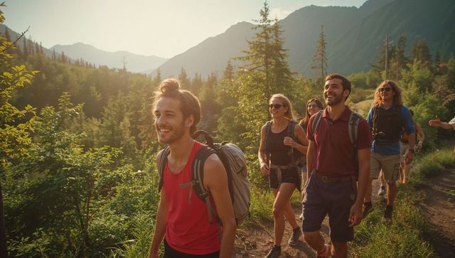 Group of Hikers Exploring Wooded Trail in Sunlit Valley
