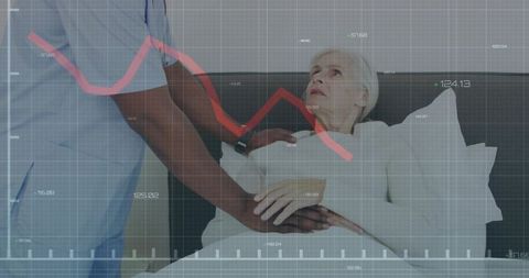 Nurse assisting elderly patient with data metrics overlay in hospital
