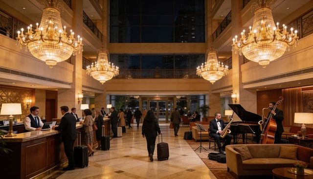 Solo traveler walking into luxury hotel lobby pulling suitcase beneath crystal chandeliers