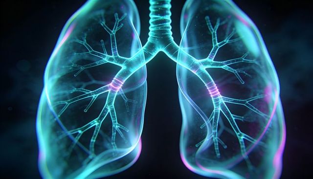 Neon glowing lungs with branching bronchi and trachea, futuristic medical visualization