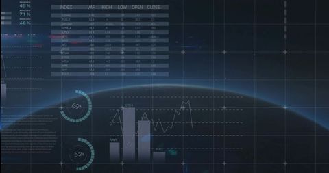 Curved planet horizon showing futuristic HUD overlay with financial dashboard and gauges