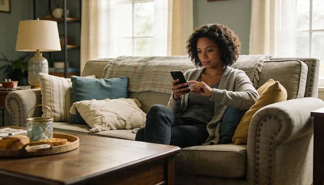Woman relaxing on sofa using smartphone in cozy living room with warm natural light, pastries nearby