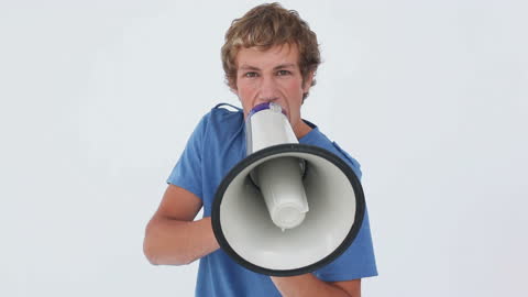 Man Using Megaphone for Loud Announcement