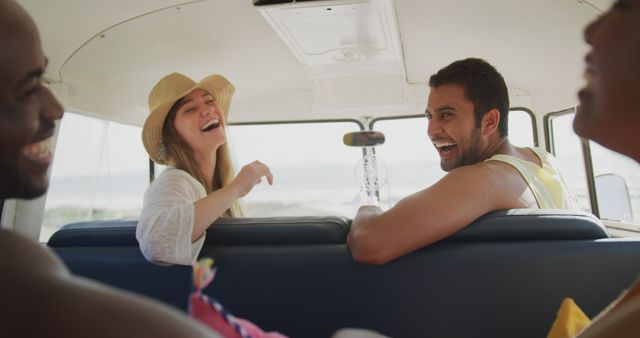 Group of Diverse Friends Enjoying Road Trip in Van - Download Free Stock Images Pikwizard.com