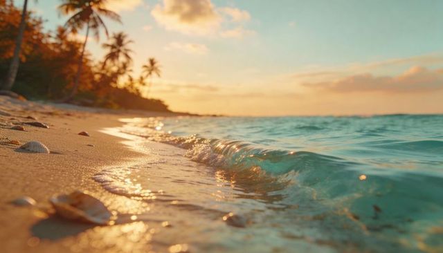 Turquoise wave breaking on tropical palm-lined beach at golden hour with seashells
