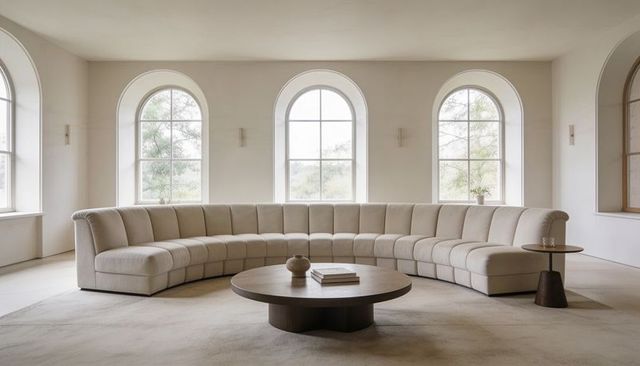 Curved beige sectional sofa in minimal living room with arched windows and round coffee table