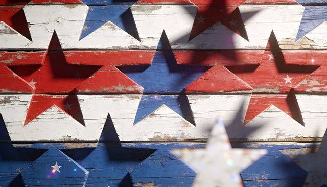 Rustic american star cutouts on weathered red white blue wood planks