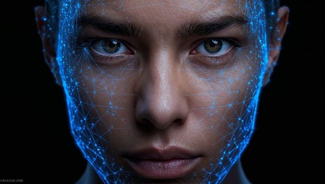 Intense close-up of woman wearing blue biometric facial mesh with neural network overlay