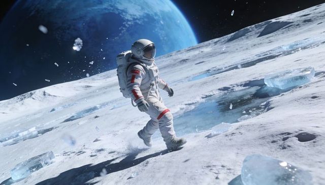 Astronaut Walking Across Icy Lunar Surface with Earth Rising Over Horizon