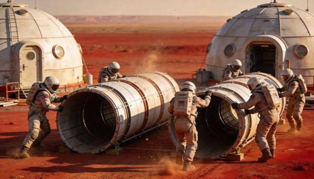Mars crew maneuvering cylindrical habitat modules on red desert outpost for colony build