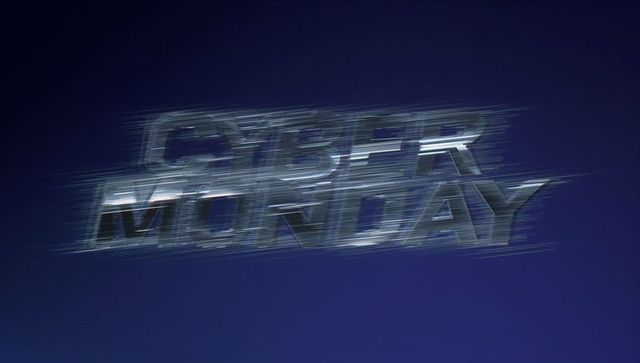 Cyber Monday chrome text gliding with motion-blur glitch on dark blue futuristic background