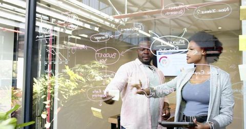 Collaborative Teamwork in Modern Office with Glass Planning Board