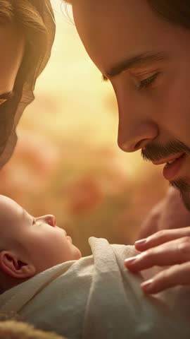 Father Leaning Close to Swaddled Newborn While Mother Watches in Intimate Vertical Video