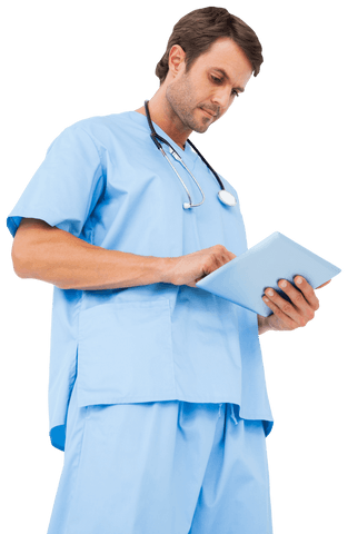 Thoughtful caucasian doctor engaging with tablet transparent background