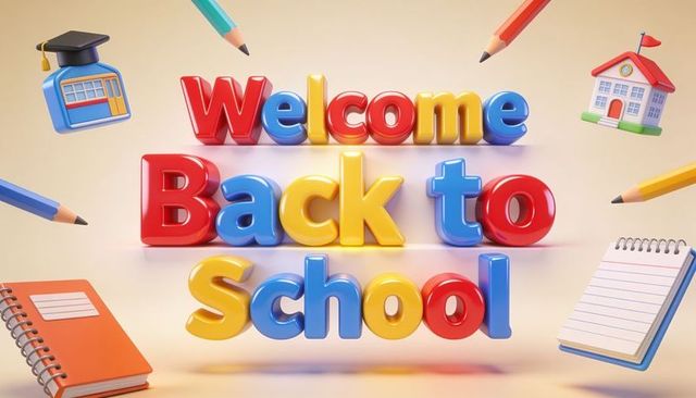 Glossy 3d welcome back to school letters with floating pencils and colorful stationery