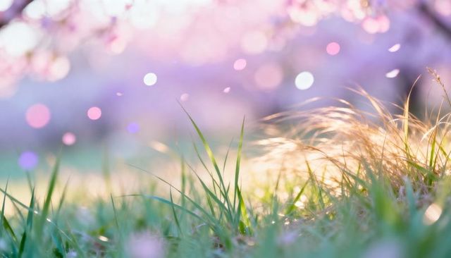 Glowing sunlit grass with drifting cherry blossom petals and pastel bokeh