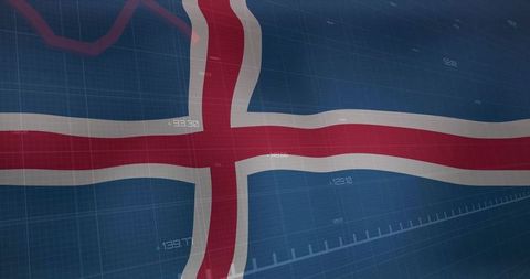 Digital iceland flag waving over financial data grid market chart visualization background