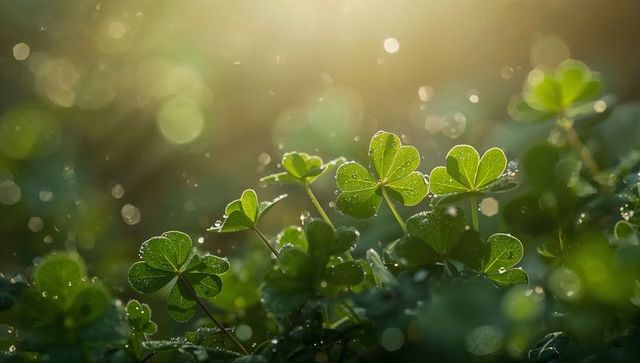 Sunlit Dew on Clover Leaves Morning Macro with Golden Bokeh and Backlit Greenery