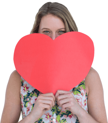 Smiling Woman Holding Large Red Heart Card Transparent
