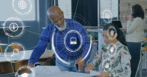 Business Meeting with Data Visualization Elements in Office