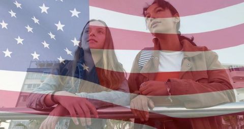 Teens Leaning on Boardwalk Rail Chatting with American Flag Overlay