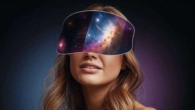 Woman wearing futuristic vr visor displaying galaxy nebula sci-fi beauty tech portrait
