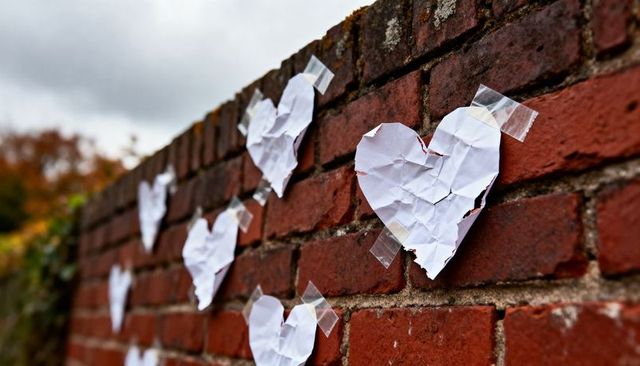 Clinging crumpled paper hearts taped to weathered red brick wall
