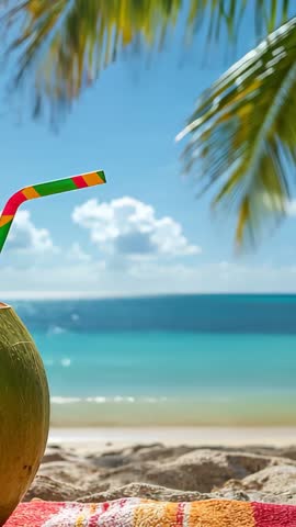 Vertical beach video featuring swaying palm fronds, coconut on towel, turquoise ocean
