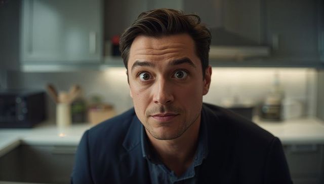 Close-up portrait of man in blazer looking into camera in modern warm-lit kitchen interior