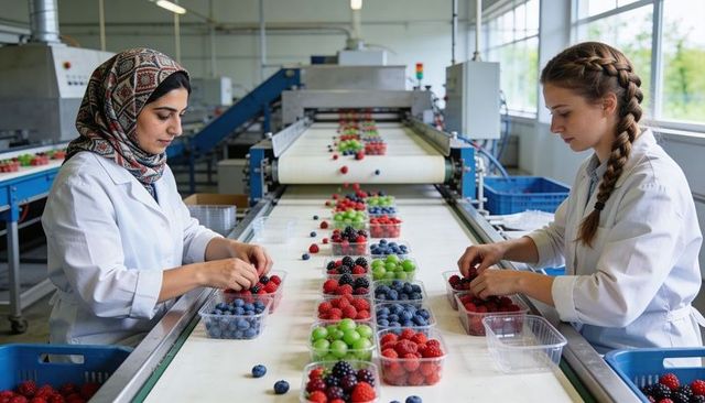 Women technicians packing fresh mixed berries on conveyor in food plant, quality control