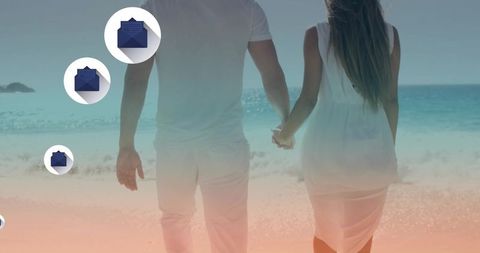 Couple walking hand-in-hand on beach with digital message icons and soft gradient