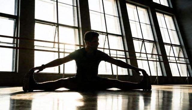 Backlit Male Stretching Split in Dance Studio with Reflective Floor and Barre