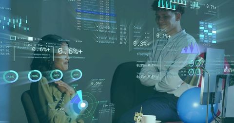 Coworkers discussing financial data with holographic charts in casual office nook with cake