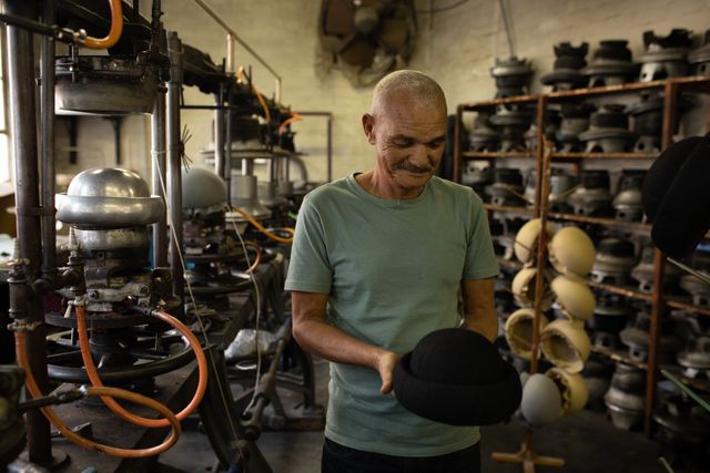 Front view of a senior biracial man standing and inspecting a finished hat, surrounded by hats on display in the workshop at a hat factory