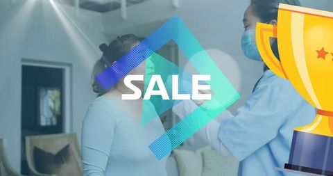 Medical professional conducting covid test at home with sale overlay