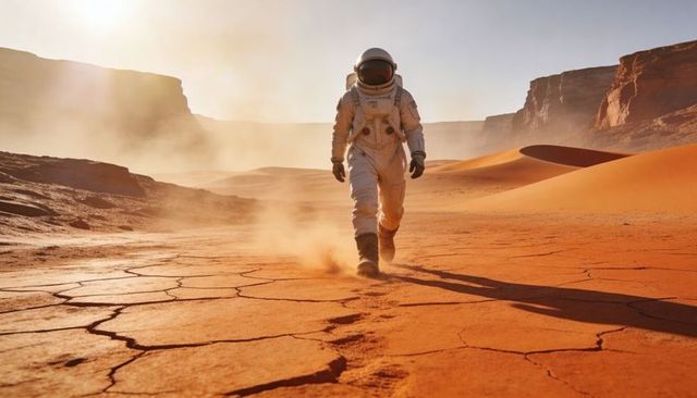Astronaut walking across cracked red desert dunes at sunset, space exploration concept