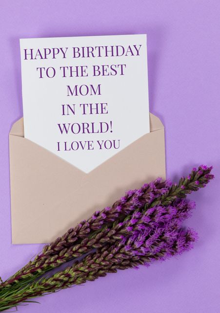 A thoughtful birthday card for mom with a heartfelt message, placed in an envelope with lavender flowers on a purple background. Ideal for greeting card designs, Mother's Day promotions, and birthday wishes for mothers.