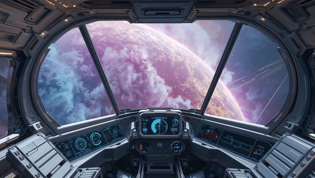 Futuristic starship cockpit view of alien planet in space