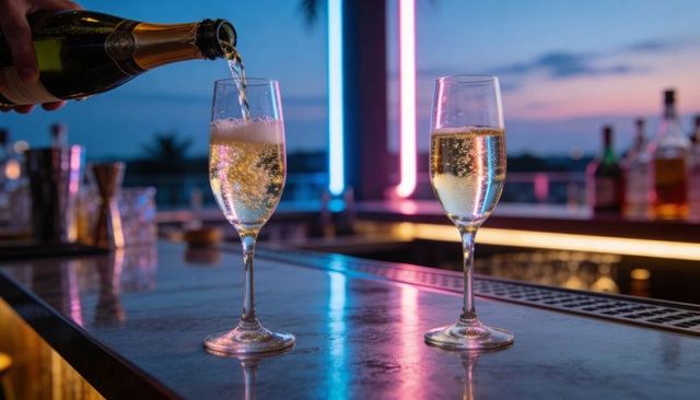 Pouring champagne into flutes on neon-lit rooftop bar at sunset with bubbly reflections